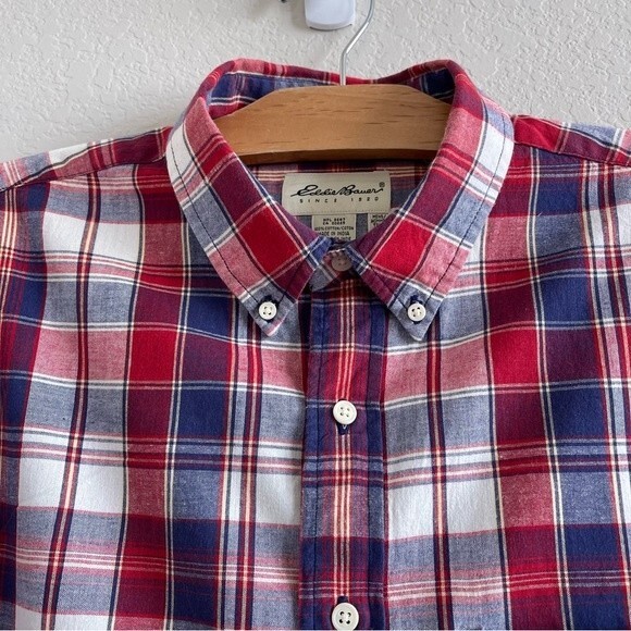 Eddie Bauer Long Sleeve Red Blue White Plaid Large Button Down Shirt - EUC - Picture 9 of 9